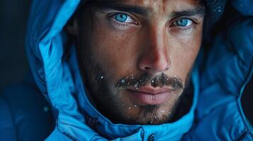 Man With Blue Eyes Wearing Blue Jacket photo