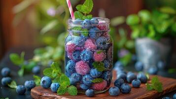 Mason Jar Filled With Blueberries and Mint photo