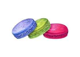 conjunto de tradicional francés macarons vistoso almendra galletas, macarrón pastel. azul, verde y rojo dulce postre. acuarela ilustración. para paquete, menú, receta, etiqueta vector