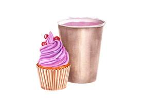 Brown paper cup with pink drink. Biscuit muffin decorated with dark pink cream and red berries. Baked cake, cranberry. Tasty breakfast. Sweet dessert, coffee. Watercolor illustration for advertising vector