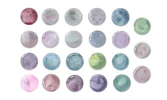 Set of translucent bubbles. Polka dots as planets or undersea bubble. Circle in different colors. Creative minimalist style. Splashes round doodle spot, brush stroke, stain. Watercolor illustration vector