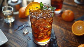 vaso lleno con hielo y naranja rebanadas foto