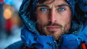 Man With Blue Eyes Wearing Blue Jacket photo