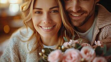 Smiling Man and Woman Holding Bouquet of Flowers photo