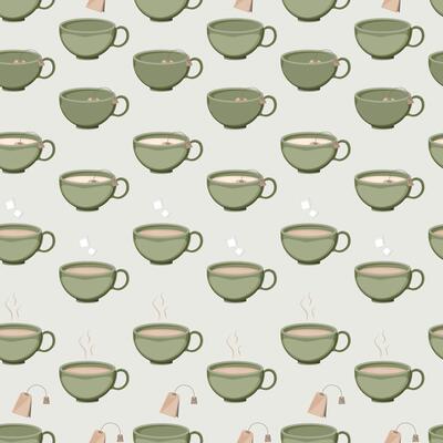 Seamless fruit pattern of green tea cups with sugar.