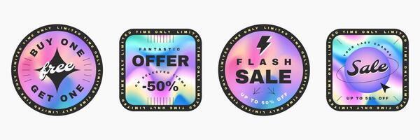 Hologram labels of various shapes. Iridescent holographic stickers with neon gradient. Rainbow sale badges, shine metal iridescent emblems mockup. Hologram logo design, special discount stamps. vector