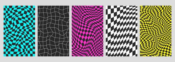Psychedelic checkerboard backgrounds set with warped wavy grid tile. Twisted checkered seamless geometric pattern in groovy y2k style. Color chessboard posters with distortion effect, optical illusion vector