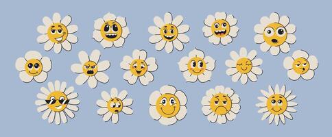 Happy groovy daisy flowers face set. Funky flower characters, cute smiling chamomiles with sunglasses in trendy psychedelic retro y2k style. Hippie funny floral stickers collection, trippy plant art. vector