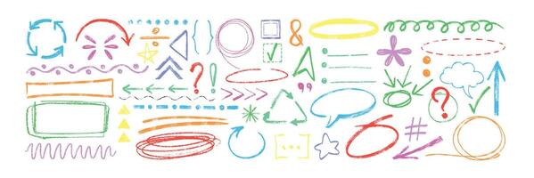 Hand drawn crayon texture arrows, speech bubbles, punctuation marks and pencil circles. Chalk doodle sketch set of underlines, dialogue boxes, checkmarks, frames, emphasis elements and charcoal lines. vector