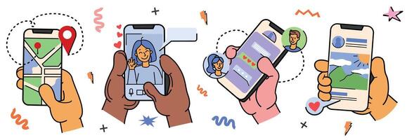 doodle set of flat human hand with mobile phone screen. Diverse person hands holding smartphone and using social media, route map, chat message or gallery photo. Online call communication vector