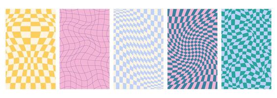 Psychedelic checkerboard background set with wavy grid tile. Checkered seamless geometric distorted pattern in groovy hippie 70s style. Chessboard vertical posters with warped texture in pastel colors vector