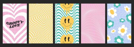 Checkerboards set with distorted grid tile. Checkered seamless twisted pattern in psychedelic y2k style. Warped chessboards, vertical posters with groovy flowers, happy dripping smile face, pink heart vector