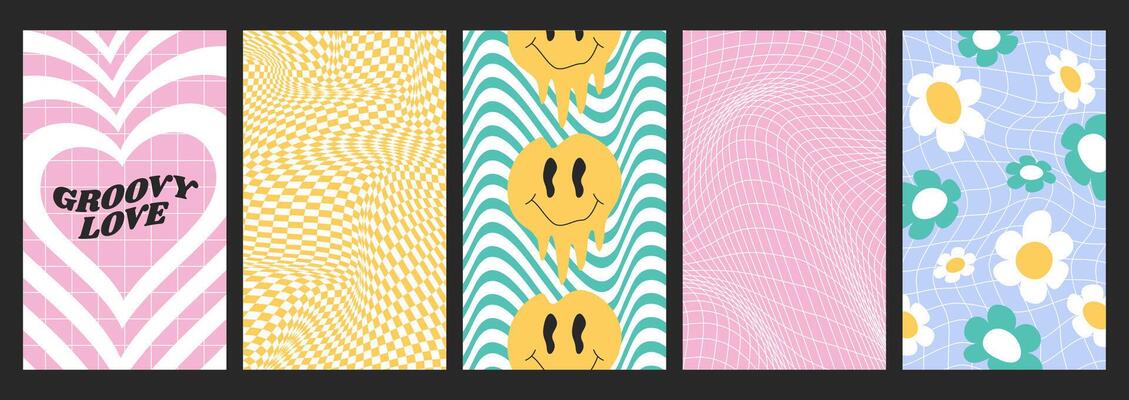 Checkerboards set with distorted grid tile. Checkered seamless twisted pattern in psychedelic y2k style. Warped chessboards, vertical posters with groovy flowers, happy dripping smile face, pink heart