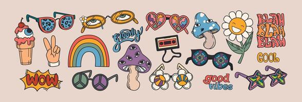 set of 70s hippie groovy stickers in retro psychedelic style. Trippy smiling daisy flower, fly agaric mushroom with eyes, rainbow, peace gesture V sign and sunglasses. Vintage disco eyewears. vector