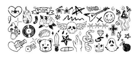 Grafitti charcoal punk symbols. Hand drawn doodle crayon hard rock n roll icon with fly agaric, music plate, skeleton with wings, emoticon, wounded heart. Chalk pencil heavy metal sticker for festival vector