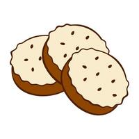 Three cookies with cream icing and sprinkled with sesame seeds, isolated on white background. vector