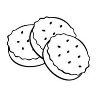 Three cookies with glaze and sprinkled with sesame seeds, outline doodle drawing, isolated on a white background. vector