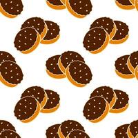 Pattern with cookies with chocolate icing and sesame seeds, on white background. vector