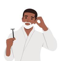 Young man shaving his beard over isolated background having doubts. vector