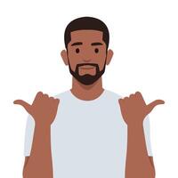 Young bearded man smiling joyfully and looking happy pointing both ways with thumbs. vector