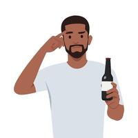 Young man refuse drinking alcohol pointing his forehead ask people to think. vector