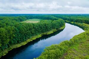 Breathtaking Landscape A Beautiful River Flows Through Charming Air and Lush Trees, Creating a Serene and Picturesque Natural Haven for All to Enjoy photo