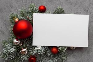 Beautiful Mockup White Card with Christmas Ornaments, A Festive Touch for Your Holiday Greetings photo
