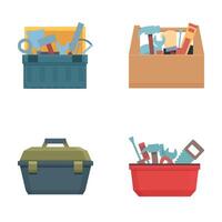 Toolbox icons set cartoon . Various toolbox with instrument inside vector