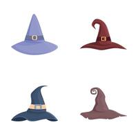 Witch hat icons set cartoon . Wizard spooky decorated hat vector