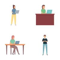 Remote work icons set cartoon . Yong people work in comfortable condition vector