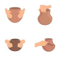 Pottery craft icons set cartoon . Creating clay vase on wheel vector