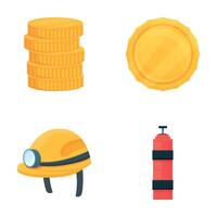 Gold mining icons set cartoon . Mining equipment and gold nugget vector