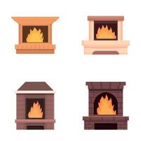 Home fireplace icons set cartoon . Various fireplace with firewood flame vector