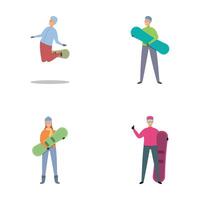 Snowboarding icons set cartoon . Snowboarder in training to learn ride vector