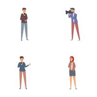 Journalistic reporting icons set cartoon . Journalist broadcasting live vector