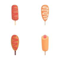 Corn dog icons set cartoon . Sausage in dough on stick vector