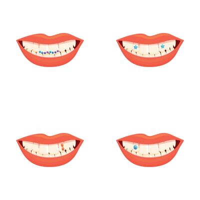 Precious smile icons set cartoon . Human tooth decorated with gem