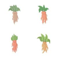 Set of four cute mandrake root characters with leafy tops, in various poses vector