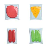 Set of illustrations featuring vacuumsealed steak, cheese, sausages, and cucumbers on white background vector