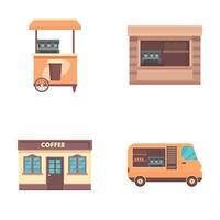 Set of various coffee selling points including a stand, cafe, and truck vector