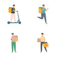 Four illustrations of delivery men with scooters, bags, and walking, isolated on a white background vector
