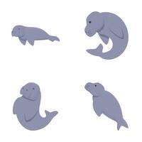 Set of cute cartoon manatees in various poses vector