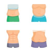 Set of four illustrations showing different male torso types and stages of fitness or weight change vector