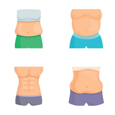 Set of four illustrations showing different male torso types and stages of fitness or weight change