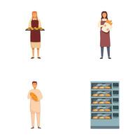 Set of bakers with fresh bread and pastries vector