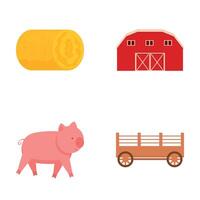 Collection of colorful, illustrations featuring a hay bale, barn, pig, and wagon vector