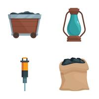 Mining icons set cart, lantern, pickaxe, and sack vector