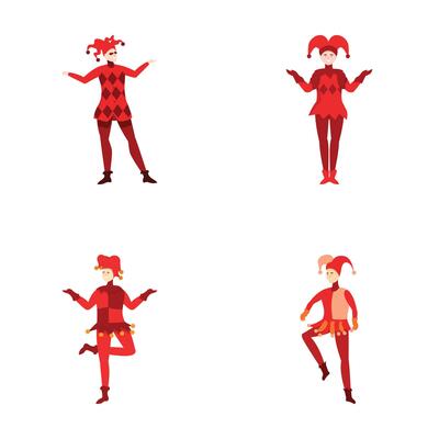 Colorful jester characters in various poses