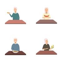 Senior people enjoying various meals illustration set vector