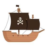 Flat design illustration of a classic wooden pirate ship with skull and crossbones sail vector